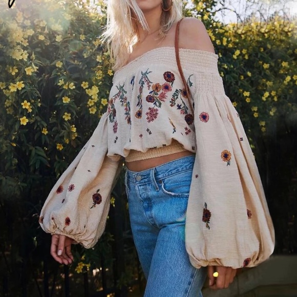 Tops - Boho cream off shoulder linen embroidered crop top Cottagecore